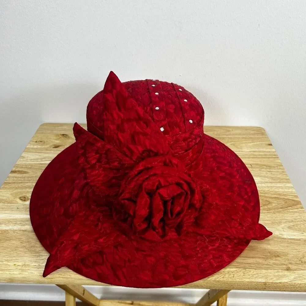 Vintage Red Church Hat Wide Brim Floral Rose Rhinestone Dress Derby Hat